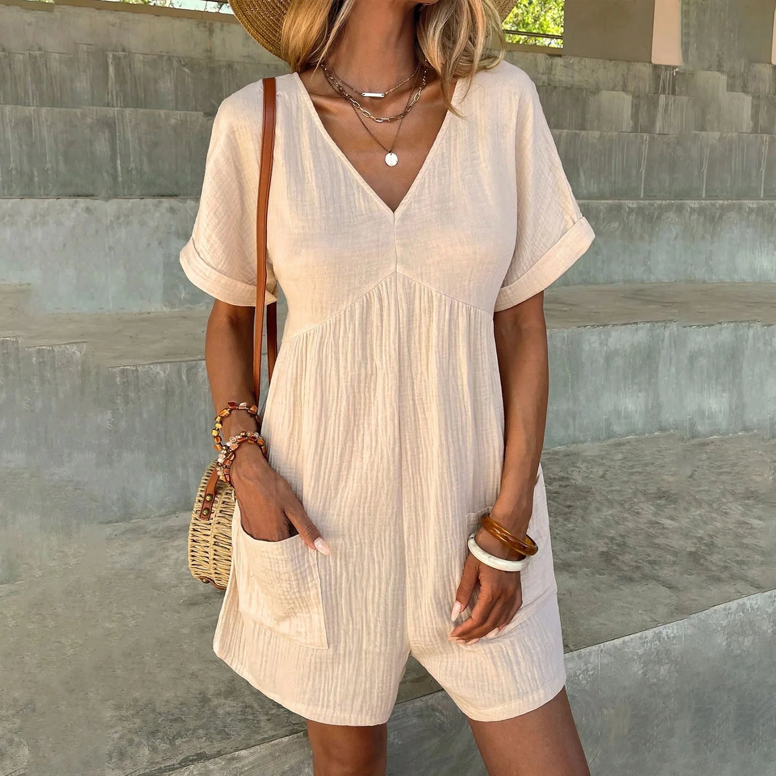 Summer Casual Cotton Linen Overalls For Women Loose Ruched Short Sleeve V Neck Shorts Jumpsuits With Pockets Rompers Bib Overall