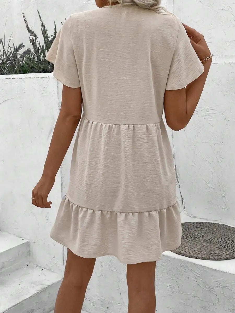 Women's Beige V-Neck Short Sleeve Ruffled Hem A-Line Mini Dress