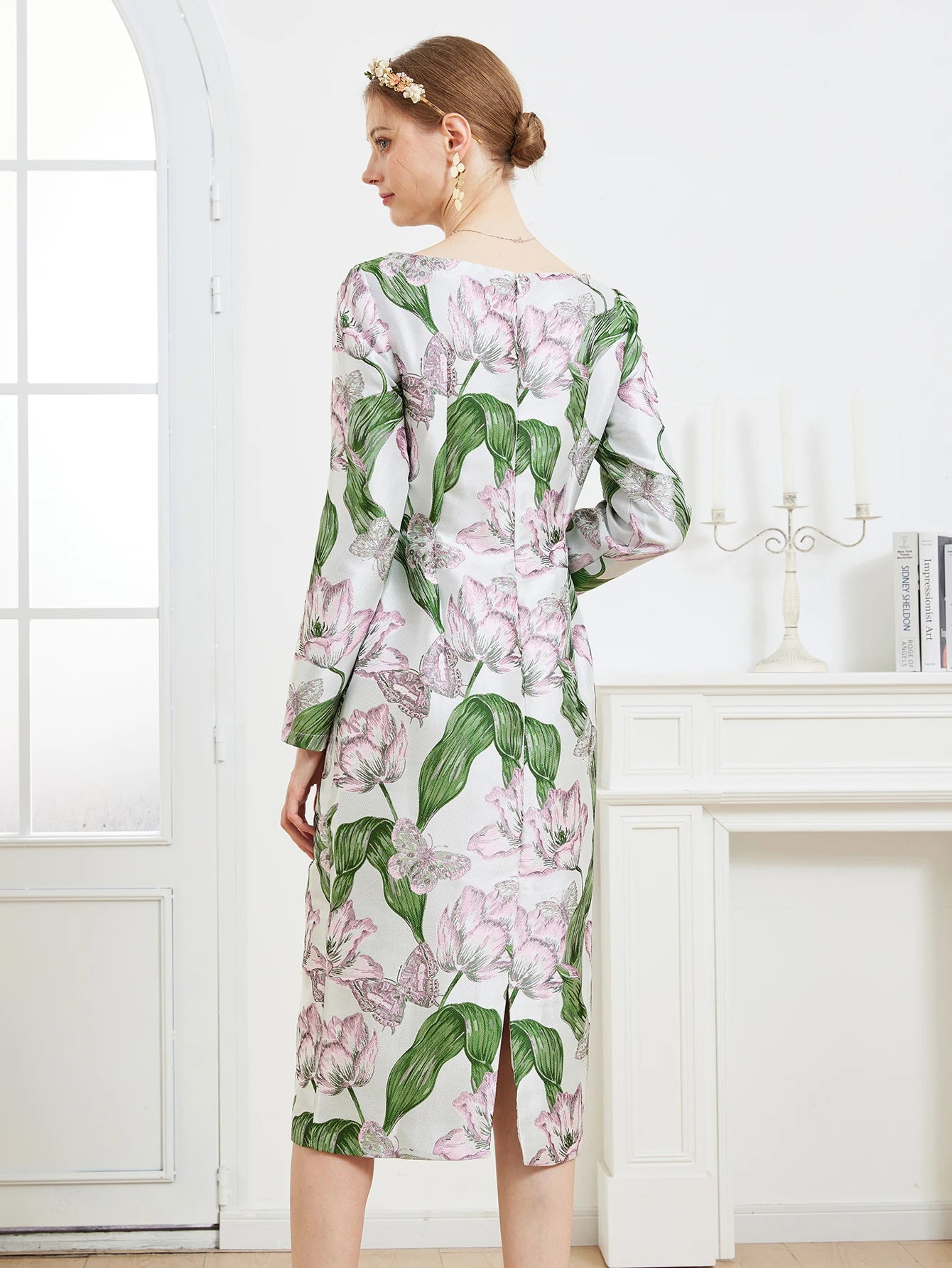 Luxury Tulip 3D Jacquard Dress Long Sleeve Sexy Slim Fit Bodycon Skirt Elegant Light Mature Style Formal Gown