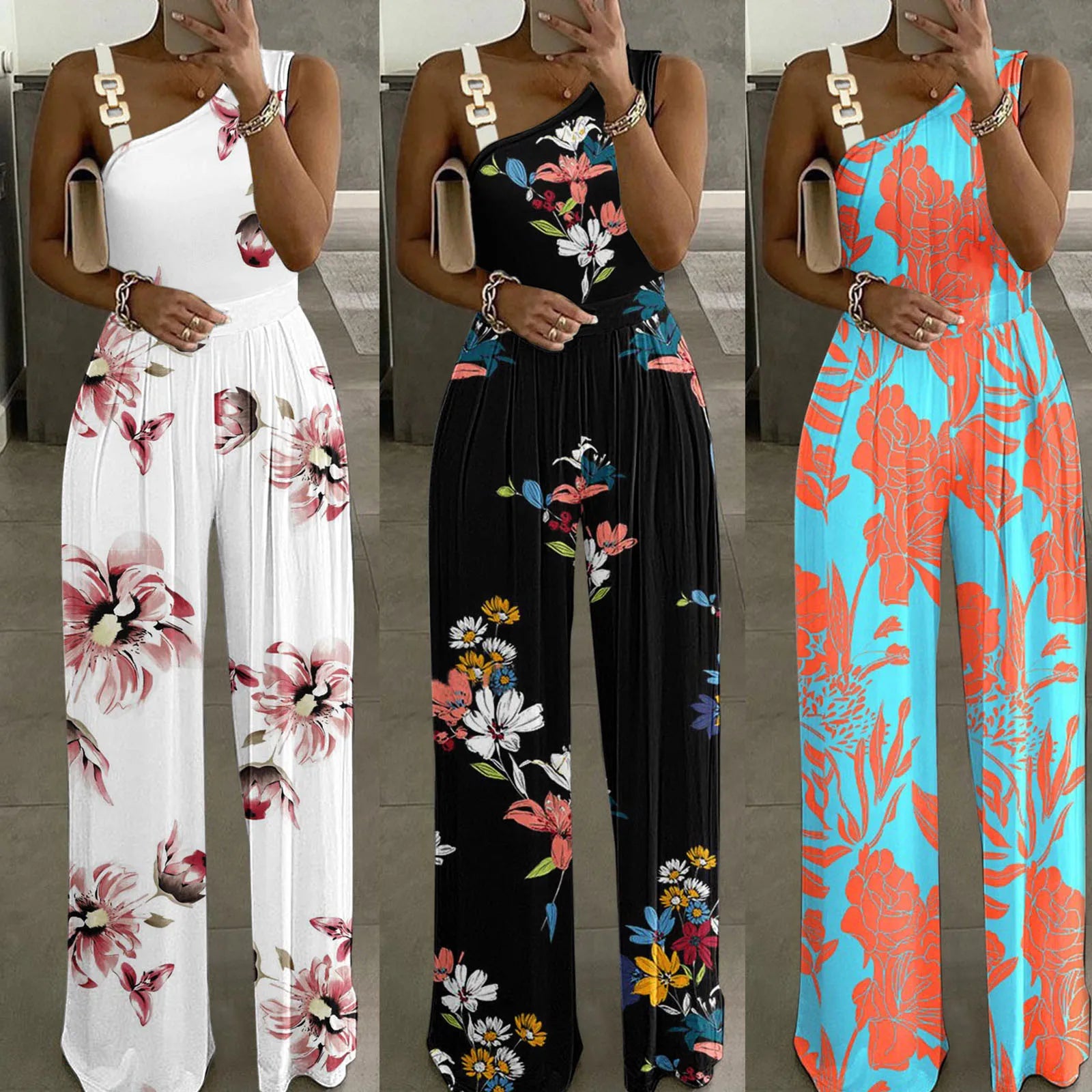 Women Boho Floral Print Rompers Sexy Button High Waist Tank Wide Leg Jumpsuit Soild Color Plus Size Wide Leg Overall For Women