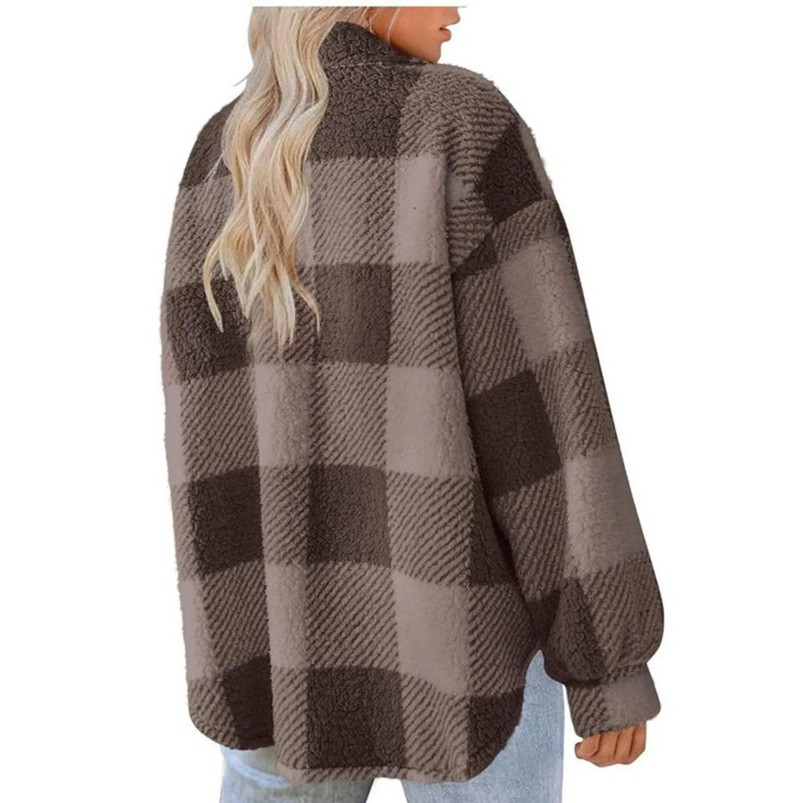 Women's Brushed Plush Jacket Plaid Button Winter Lapel Oversized Warm Fleece Outwears With Pockets Thick Fleece Shirts Coats